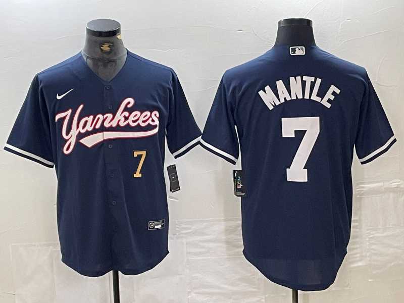 Mens New York Yankees #7 Mickey Mantle Number Navy With Patch Cool Base Stitched Baseball Jersey